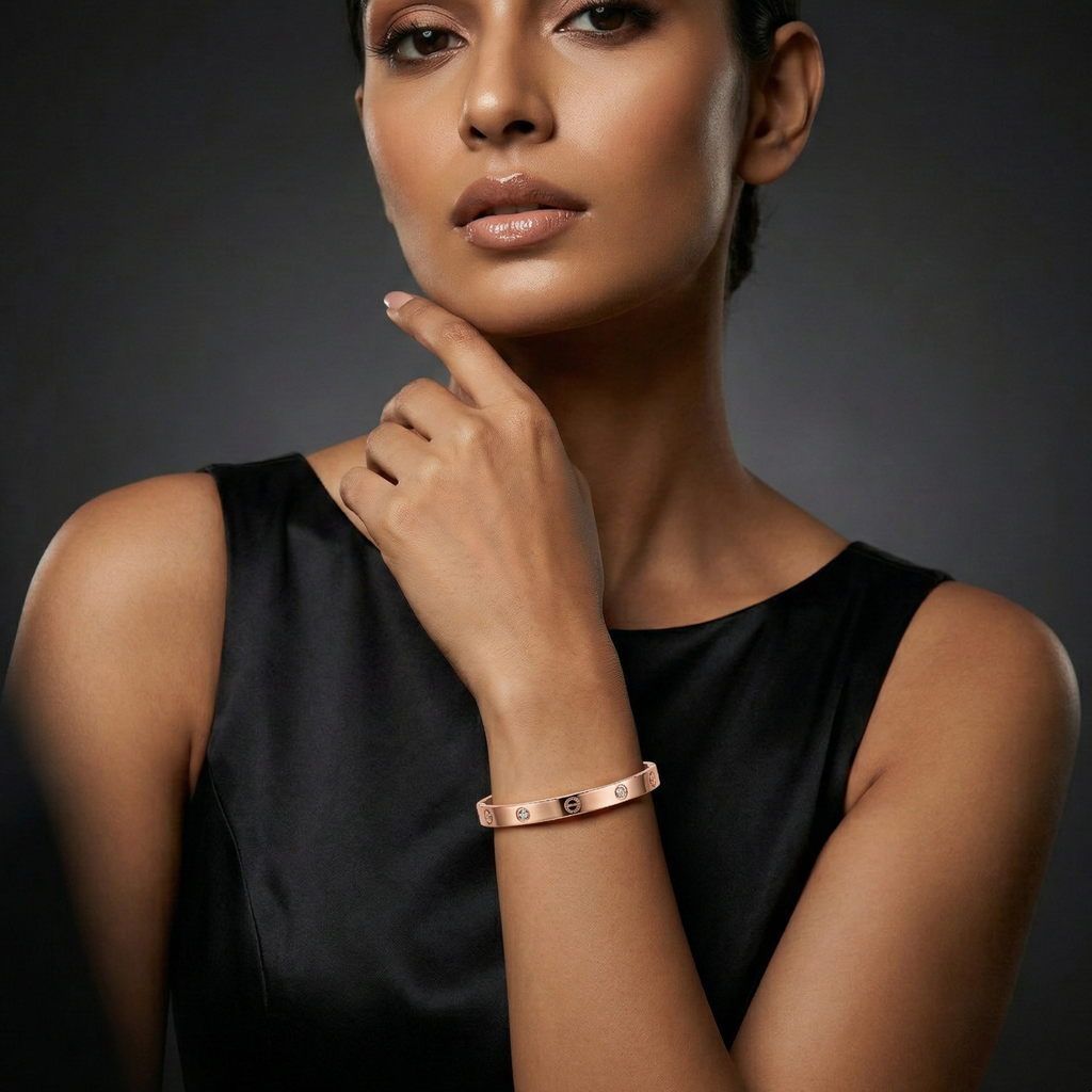 Luxe Screw Crystal Bangle – Rose Gold Edition