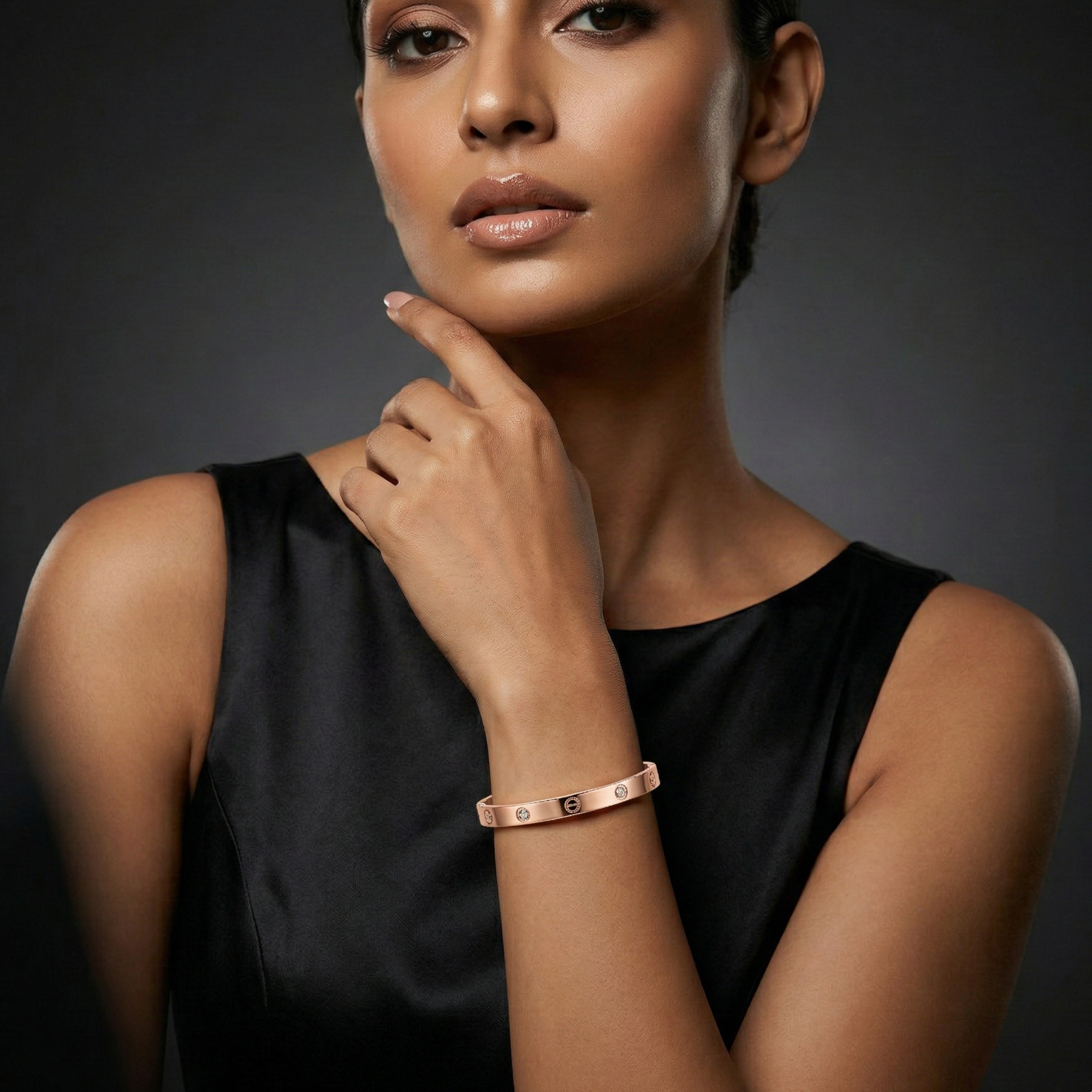 Luxe Screw Crystal Bangle – Rose Gold Edition