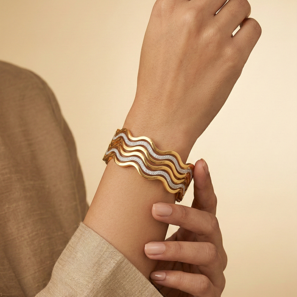 Golden Wave Crystal Cuff – Luxe Flow Edition