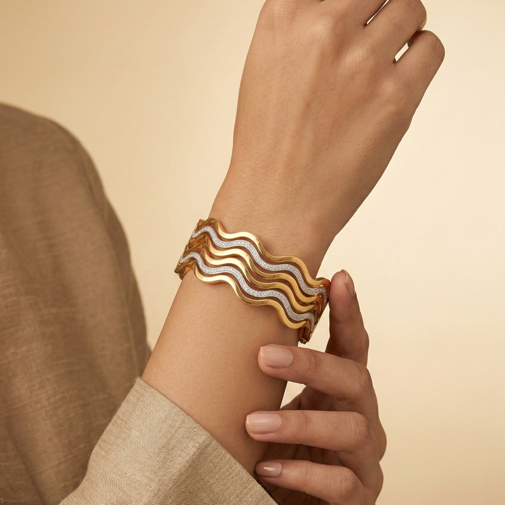 Golden Wave Crystal Cuff – Luxe Flow Edition