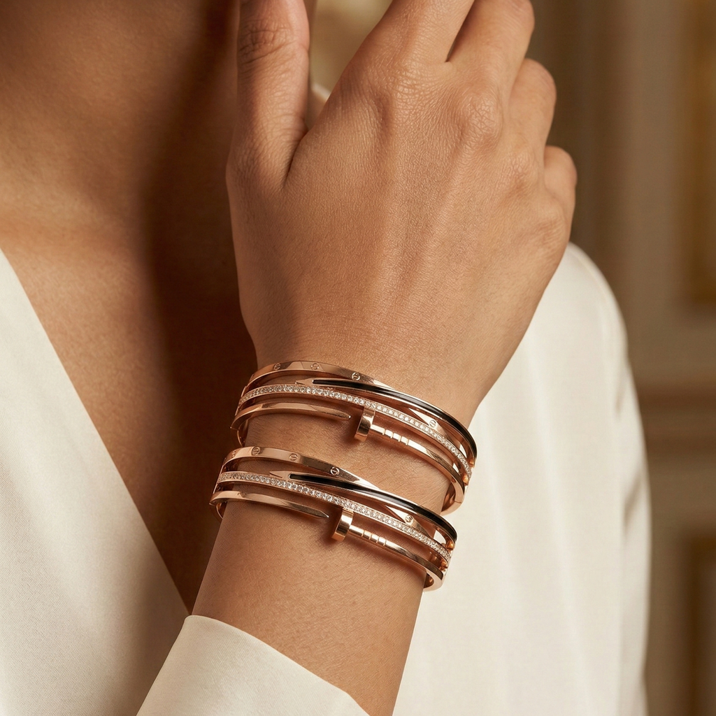 Eclipse Curve Crystal Bangle – Rose Gold Edition